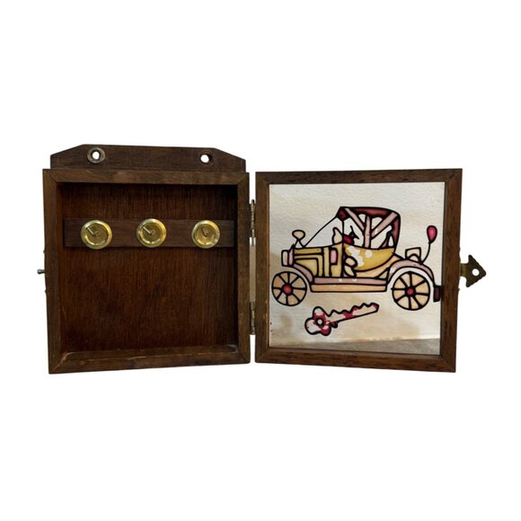 Wooden Key Holder Wall Mount VTG Stained Glass Antique Car Ford Model T Fob Trac - Picture 2 of 16